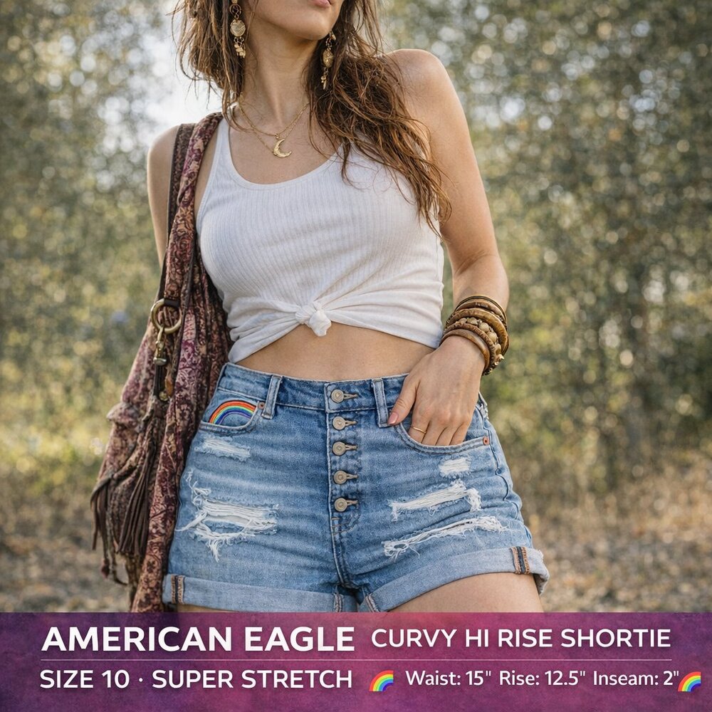 American Eagle Curvy Hi-Rise Shortie Shorts Size 10 Super Stretch Rainbow Pocket